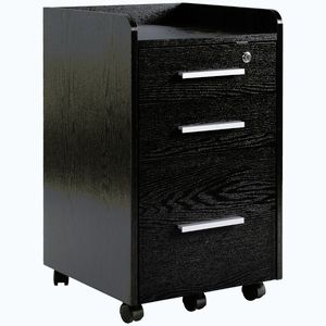 Imagine HOMCOM Dulap Portadocumente din Lemn cu 3 Sertare cu Chei de Securitate și 5 Roți, 39.2x40x65.4 cm, Negru | Aosom Romania