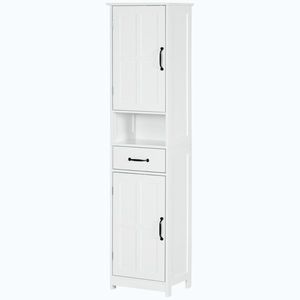Imagine kleankin Dulap Modern pentru Baie, Mobilier Îngust cu Raft Deschis, Sertar, Uși Încastrate și Rafturi Ajustabile Alb | Aosom Romania