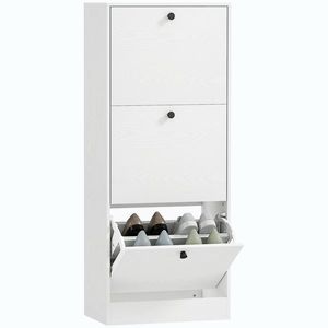 Imagine HOMCOM Dulap cu 3 Uși Rabatabile Rafturi Ajustabile și Design Compact 47x28x115 cm Alb cu Inserții de Lemn | Aosom Romania