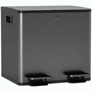 Imagine HOMCOM Coș de bucătărie dublu, 2 x 20L, cu pedală, capac cu închidere moale, găleți interioare detașabile, rezistent la amprente, Argintiu | Aosom Romania