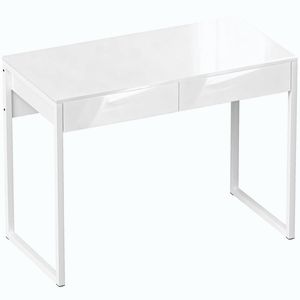Imagine HOMCOM Birou Modern cu 2 Sertare și Picioare din Oțel, 100x50x75 cm, Alb Lucios | Aosom Romania