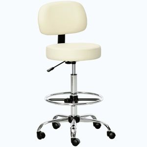Imagine HOMCOM Scaun bar capitonat, scaun de bar cu cadru metalic, cu spătar, din piele ecologică, reglabil pe înălțime, scaun de bucătărie cu suport pentru picioare, rotire 360° Tresenhocker pentru bucătărie, living, sufragerie Bej | Aosom Romania