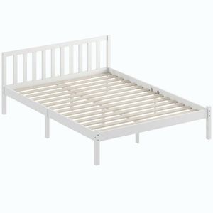 Imagine HOMCOM Cadru de pat din lemn masiv 140x190 cm pat simplu cu tăblie și somieră cu lamele solidă pentru copii și adulți | Aosom Romania