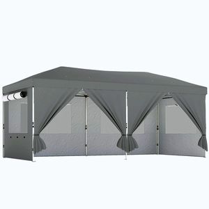 Imagine Outsunny Foișor Pliabil 3x6m Pop-Up cu 6 Pereți Laterali, Foișor de Grădină Reglabil pe Înălțime cu Saci de Nisip, Geantă cu Roți, UV50+ pentru Exterior, Gri Închis | Aosom Romania