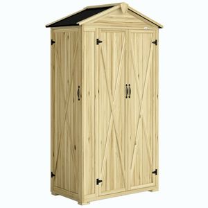 Imagine Outsunny Dulap de Grădină Căsuță pentru Unelte cu 3 Uși 93x53x168 cm Lemn Natural | Aosom Romania