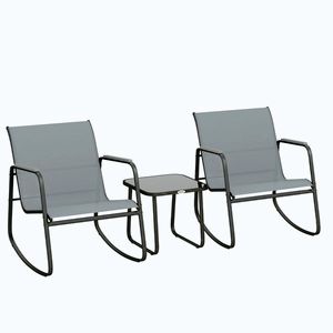 Imagine Outsunny Set Bistro din 3 Piese, Set de Grădină cu 2 Scaune de Exterior cu Mișcare de Legănare din Textilenă Respirabilă, Masă cu Blat din Sticlă, Set Masă și Scaune din Oțel pentru Terasă și Balcon, Gri | Aosom Romania