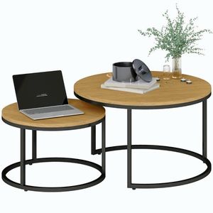 Imagine HOMCOM Set de 2 mese de cafea gigogne suprapozabil design industrial blat de ciment picioare din metal maro | Aosom Romania