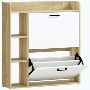Imagine HOMCOM Dulap Slim pentru Pantofi cu 2 Sertare Rabatabile și 3 Compartimente, Capacitate 15 Perechi, 83x24x90, 5 cm, Lemn și Alb | Aosom Romania