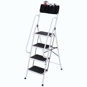 Imagine HOMCOM Scară pliabilă 4 trepte XL cu trepte antiderapante, bare duble de siguranță, geantă scule, max.1, 55 m, 150 kg, otel, alb/negru | Aosom Romania