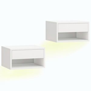 Imagine HOMCOM Noptieră set de 2 cu iluminare RGB-LED, noptieră suspendată cu sertar și nișă deschisă, Alb | Aosom Romania