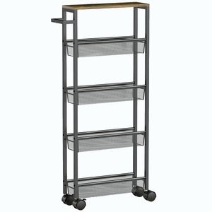 Imagine HOMCOM Cărucior de bucătărie cu 4 roți, cărucior de depozitare cu roți, blat cu aspect de lemn, structură metalică, 47x13x96, 5 cm, negru | Aosom Romania