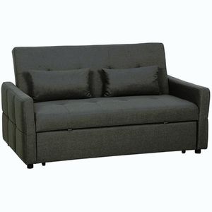 Imagine HOMCOM Canapea 2 Locuri Convertibilă în Pat Clic-Clac, cu 2 Perne, din Material Textil, Gri Închis | Aosom Romania