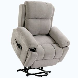 Imagine HOMCOM Fotoliu recliner electric cu ridicare, încălzire și masaj în 8 puncte, din chenille, 2 telecomenzi, bej | Aosom Romania