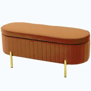 Imagine HOMCOM Banchetă Ovală cu Depozitare 72 L, cu Capac Rabatabil, din Material Catifelat și Lemn, 108x44x43, 5 cm, Maro Auriu | Aosom Romania