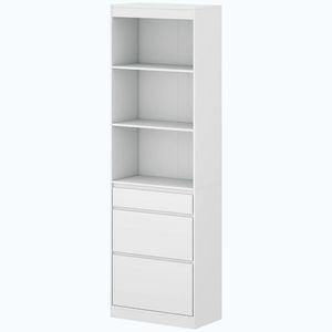 Imagine HOMCOM Bibliotecă pentru cărți înaltă și îngustă 6 niveluri cu 3 sertare 3 compartimente deschise 57x30x180 cm Alb | Aosom Romania