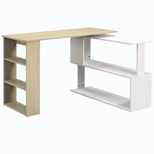 Imagine HOMCOM Birou de colț cu blat rotativ 360° și 5 rafturi, 120x110x74, 5 cm, culoare lemn, alb | Aosom Romania