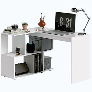 Imagine HOMCOM Birou Modern de Colț pentru Birou cu 4 Rafturi din Lemn, Alb, 120x100x77 cm | Aosom Romania