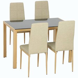 Imagine HOMCOM Set masă cu 4 scaune din piele sintetică, blat dreptunghiular din sticlă securizată, 120x70x75cm, natural | Aosom Romania